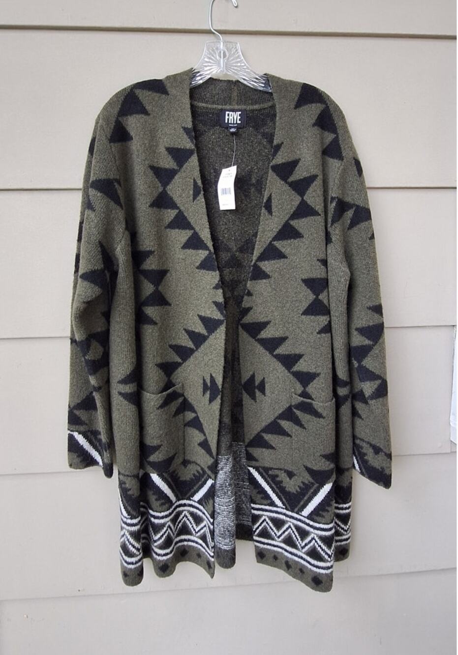 FRYE Women's Aztec Southwestern Long Open Cardigan Sweater Olive Green Boho XL